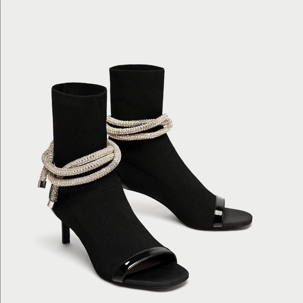SOLD! Zara Black Open Toe Ankle Boots Jewel Cord - Picture 2 of 8